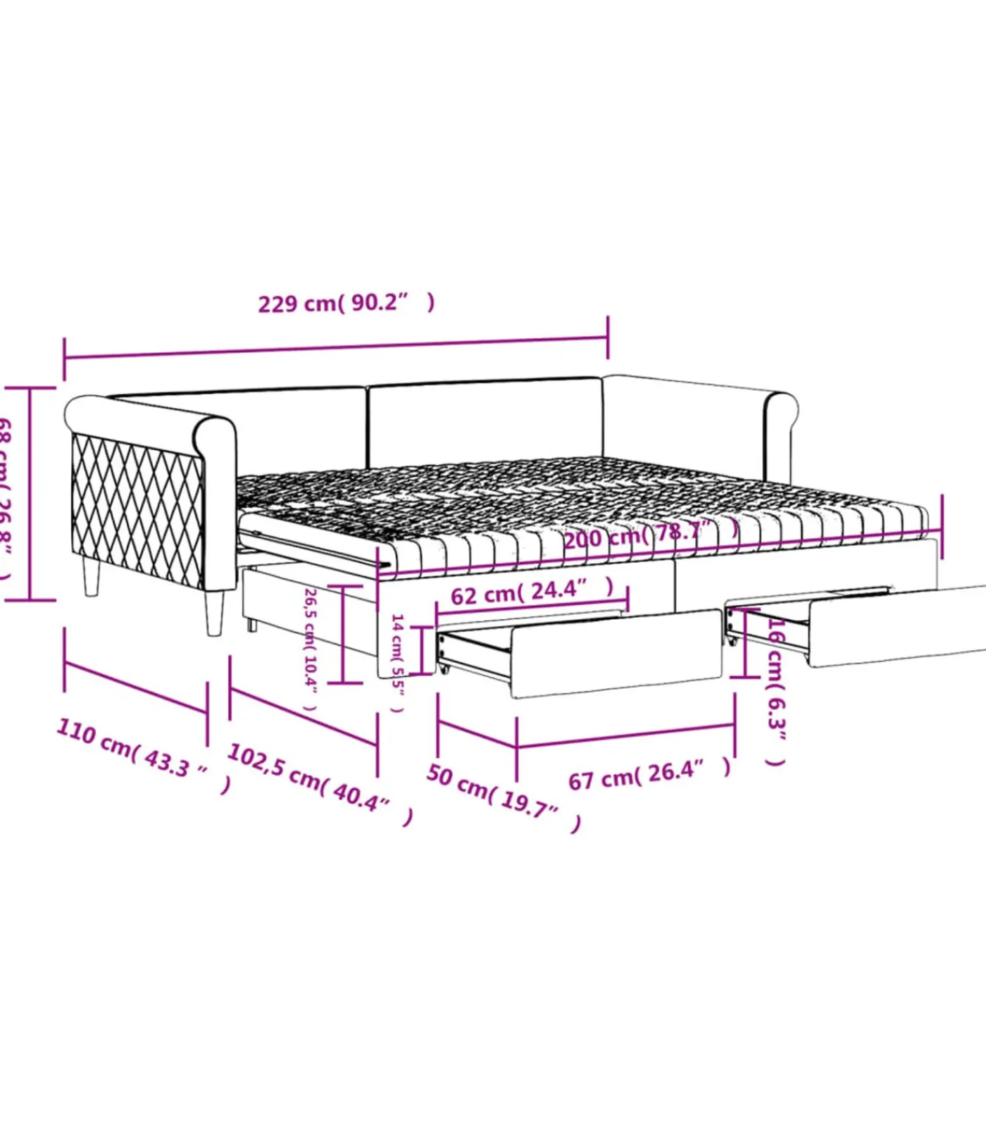Online Slaapbank met onderschuifbed en lades 100x200 cm fluweel zwart Bedden