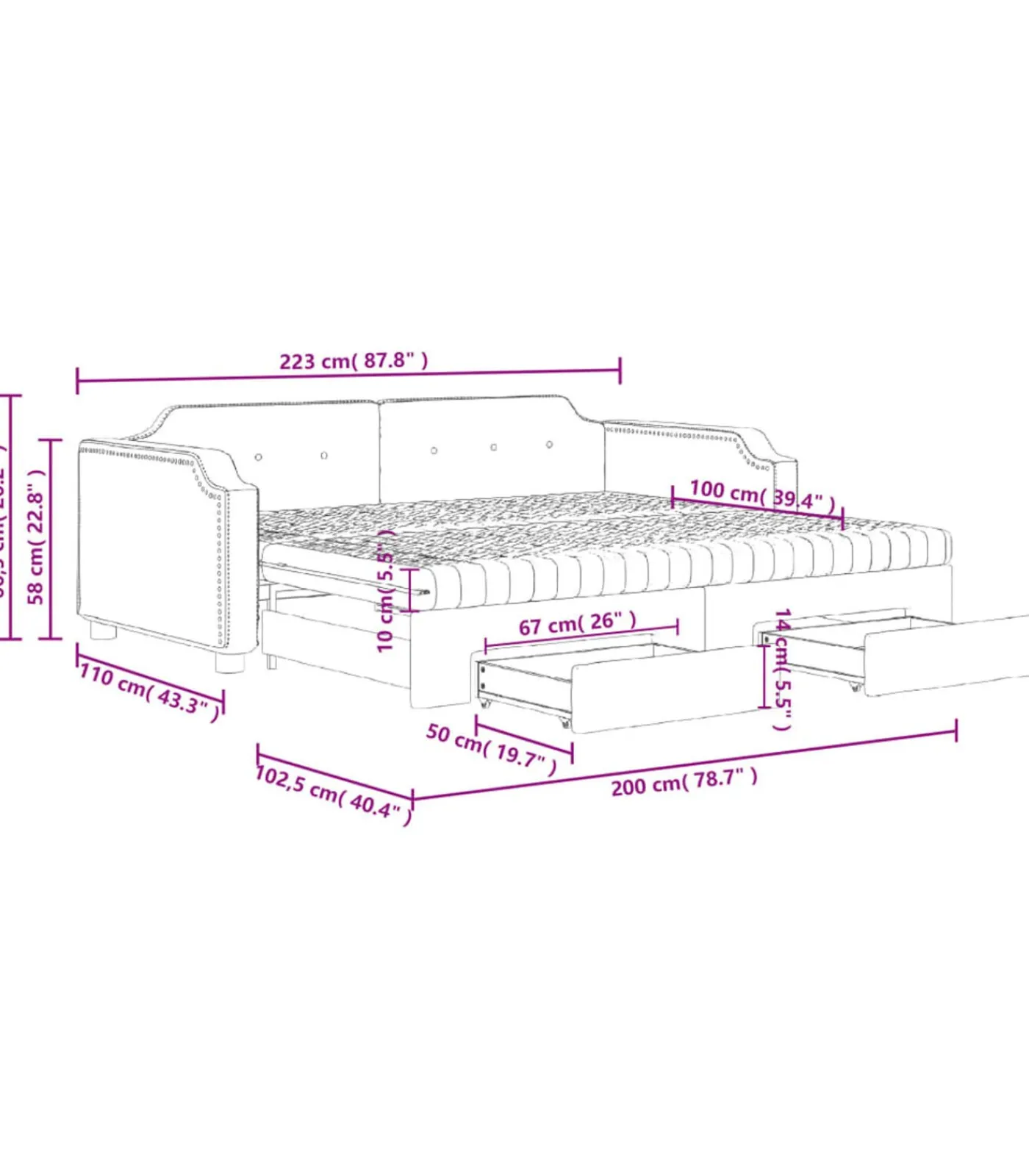 Best Slaapbank met onderschuifbed en lades 100x200 cm stof zwart Bedden