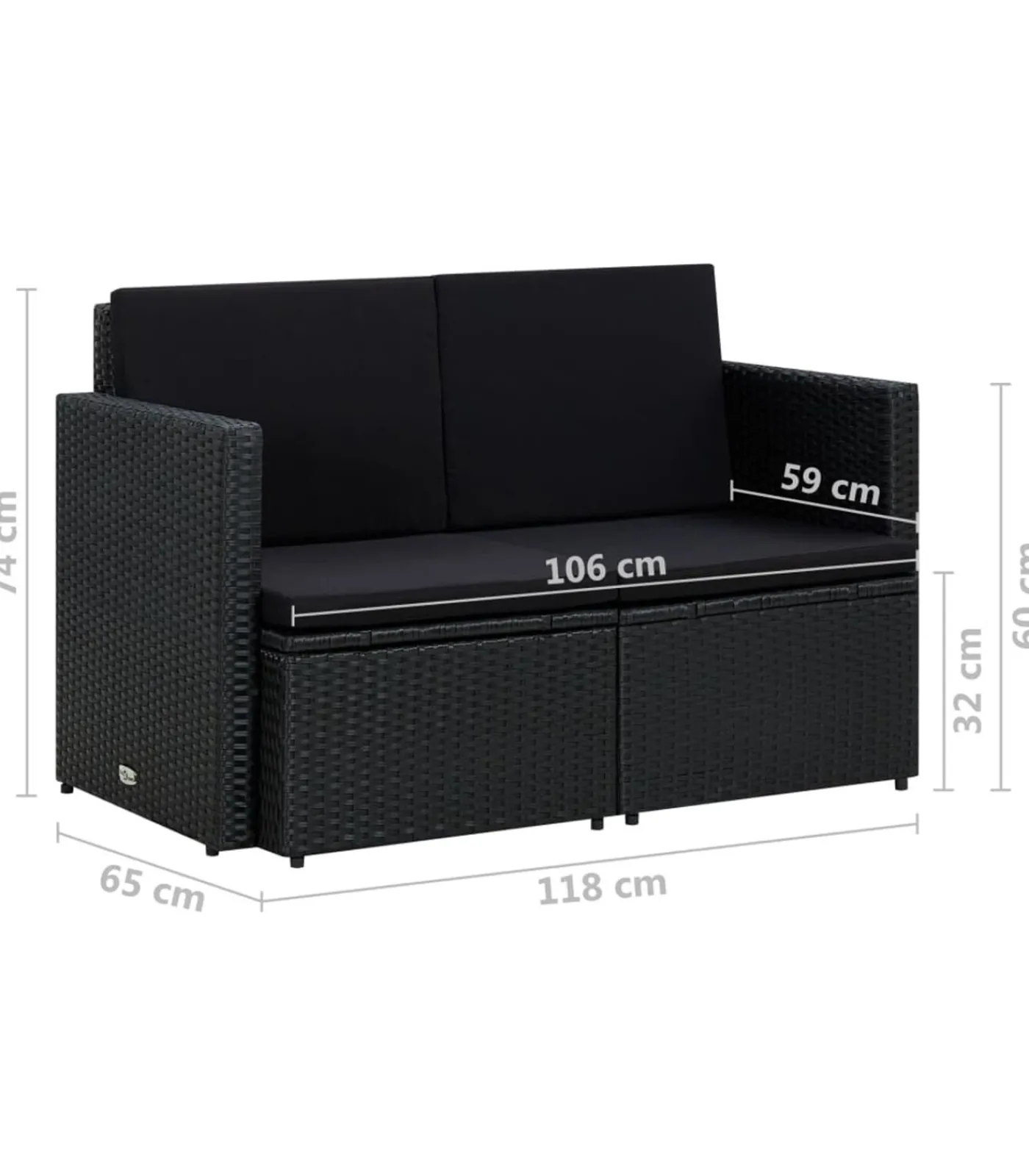 Online Tuinbank 2-zits met kussens poly rattan zwart Tuinmeubelen