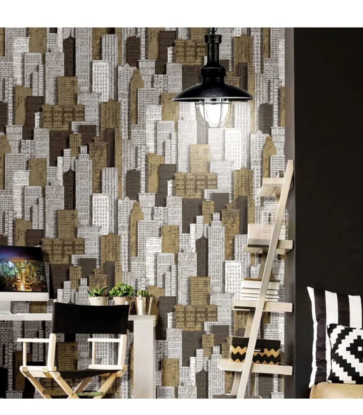 Hot Urban Friends & Coffee Behang stadsappartementen wit en goudkleurig Decoratie