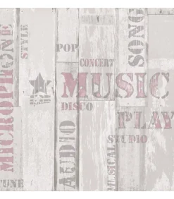 New Urban Friends & Coffee Behang houten planken en woorden beige en roze Decoratie