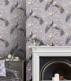 Sale Vliesbehang Belvedere | Paars | Pauwen | Wanddecoratie