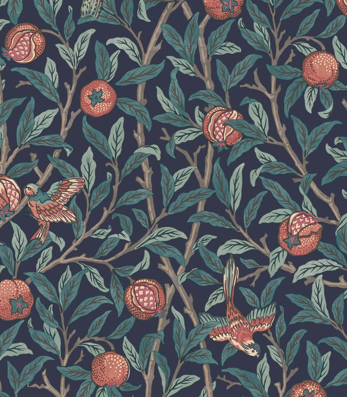 Best Vliesbehang Bird & Pomegranate Navy Blue Wanddecoratie