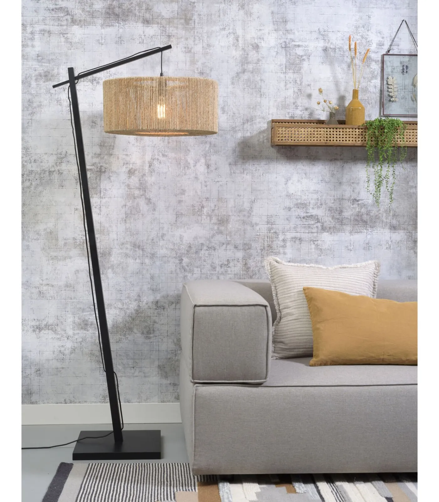 Clearance Vloerlamp Iguazu - Bamboe Zwart/Jute - 73x50x176cm Vloerlampen