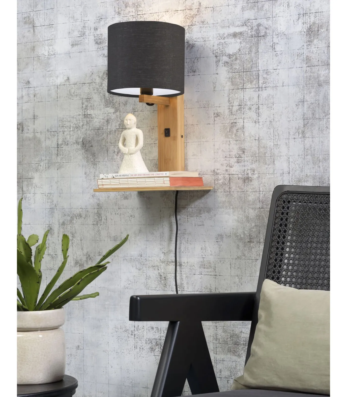 Outlet Wandlamp Andes - Bamboe/Donkergrijs - 19x24x36cm Muurverlichting