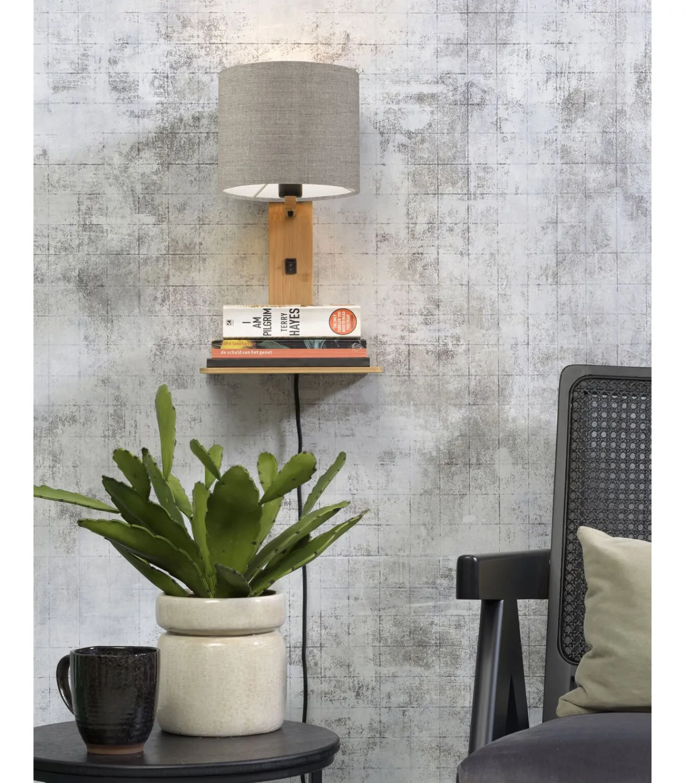 Outlet Wandlamp Andes - Bamboe/Taupe - 19x24x36cm Muurverlichting