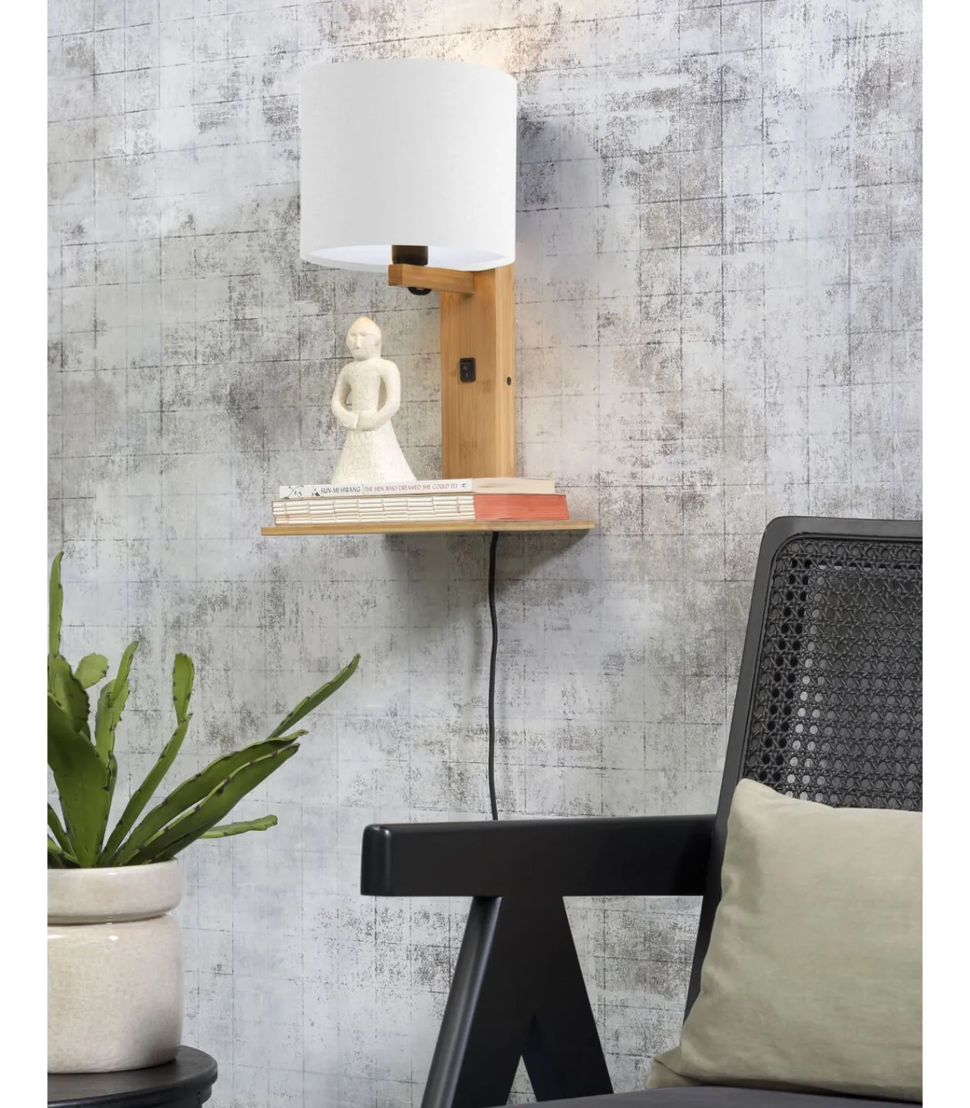 Discount Wandlamp Andes - Bamboe/Wit - 19x24x36cm Muurverlichting