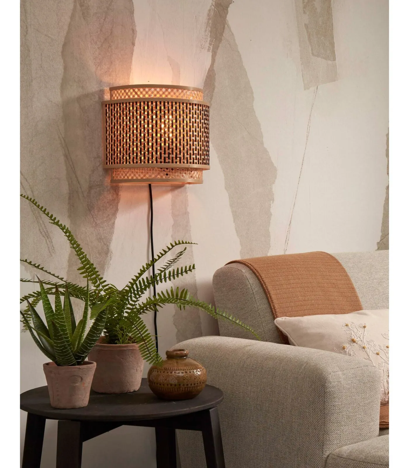 Hot Wandlamp Bhutan - Bamboe/Zwart - 32x16x27cm Muurverlichting