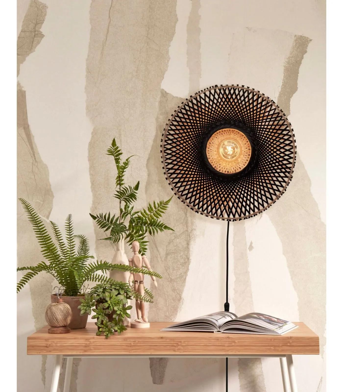 Outlet Wandlamp Kalimantan - Bamboe/Zwart - Ø44cm Muurverlichting