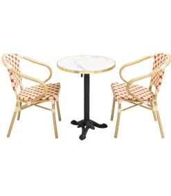 Sale Witmarmeren terrastafel en 2 rode stoelen set Tuinmeubelen