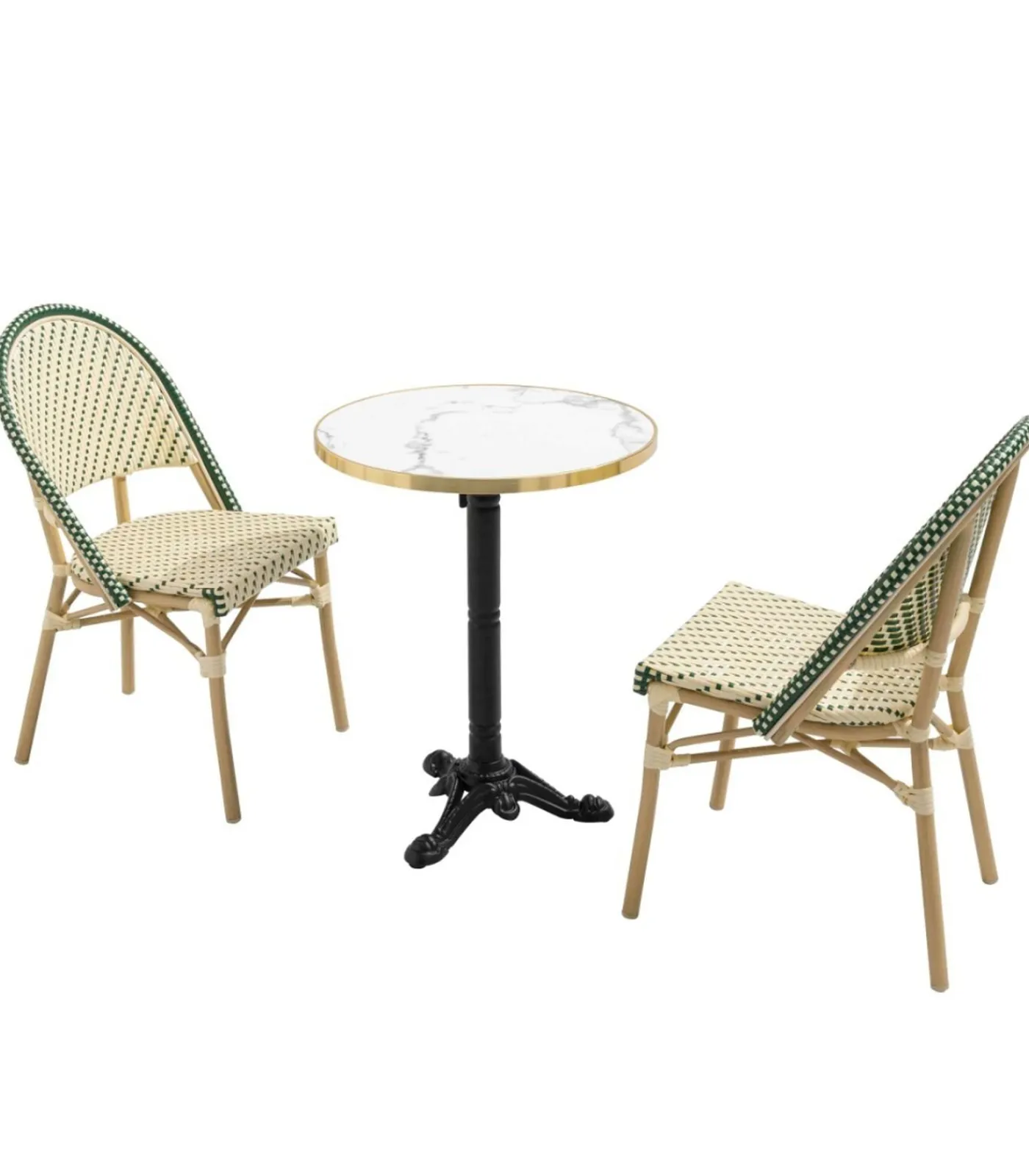 Online Witte marmeren liggende terrastafel van 60 cm en 2 groene stoelen Tuinmeubelen