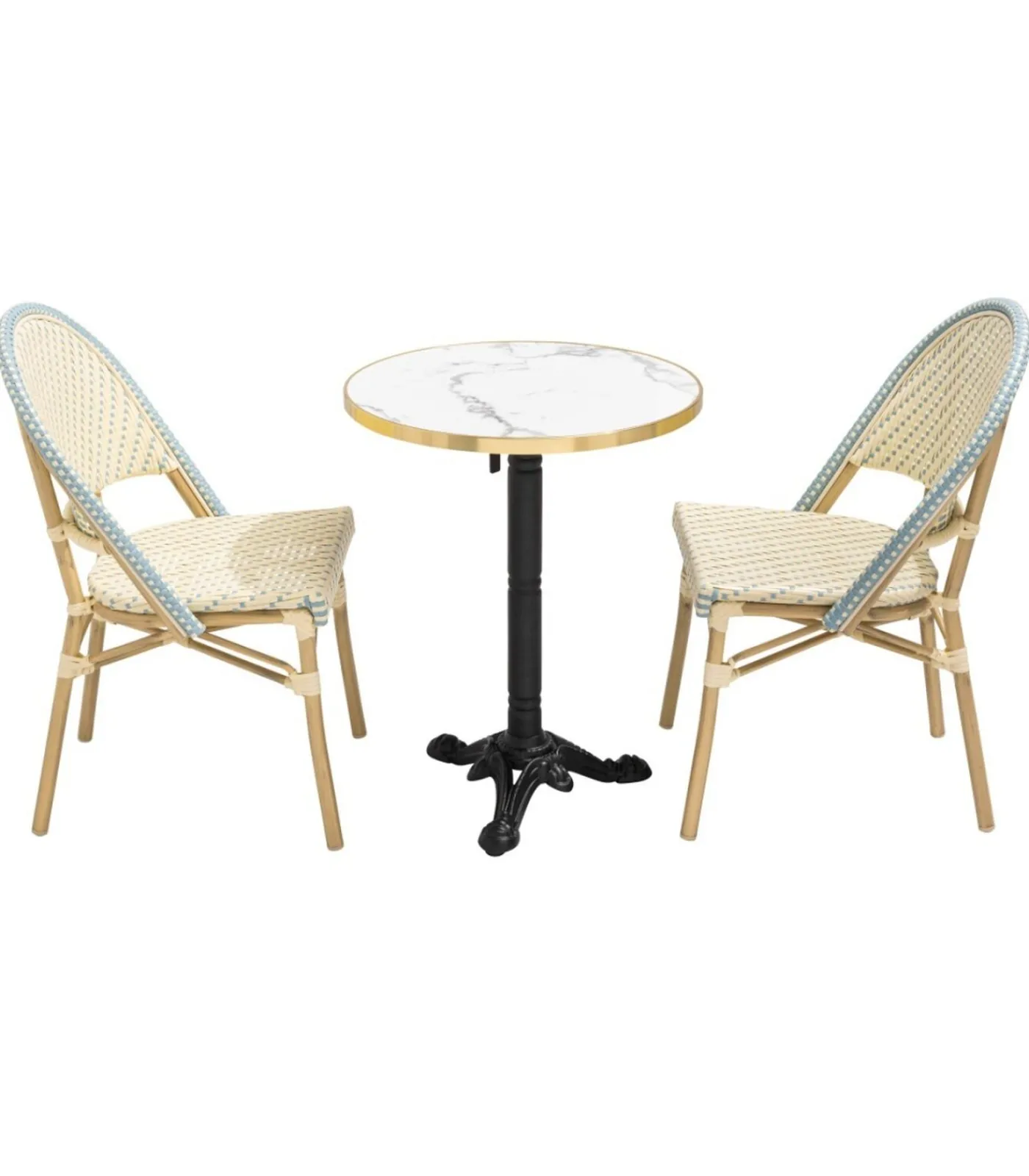 Online Witte marmeren liggende terrastafel van 60 cm en 2 blauwe stoelen Tuinmeubelen