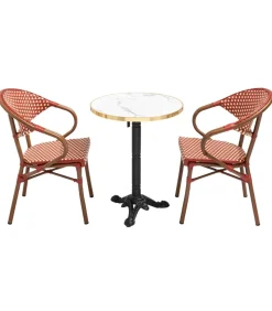 Discount Witte marmeren terrastafel van 60 cm en 2 rode stoelen Tuinmeubelen