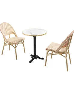 Outlet Witte marmeren terrastafel van 60 cm en 2 rode stoelen Tuinmeubelen