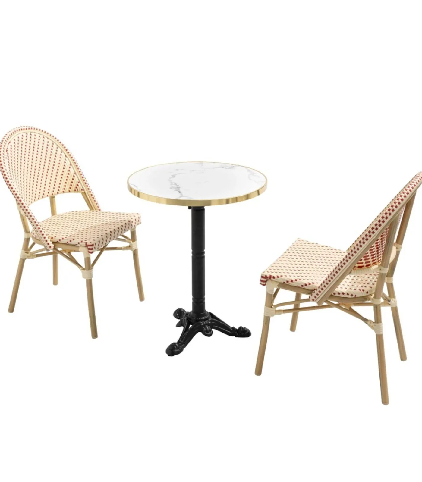 Outlet Witte marmeren terrastafel van 60 cm en 2 rode stoelen Tuinmeubelen